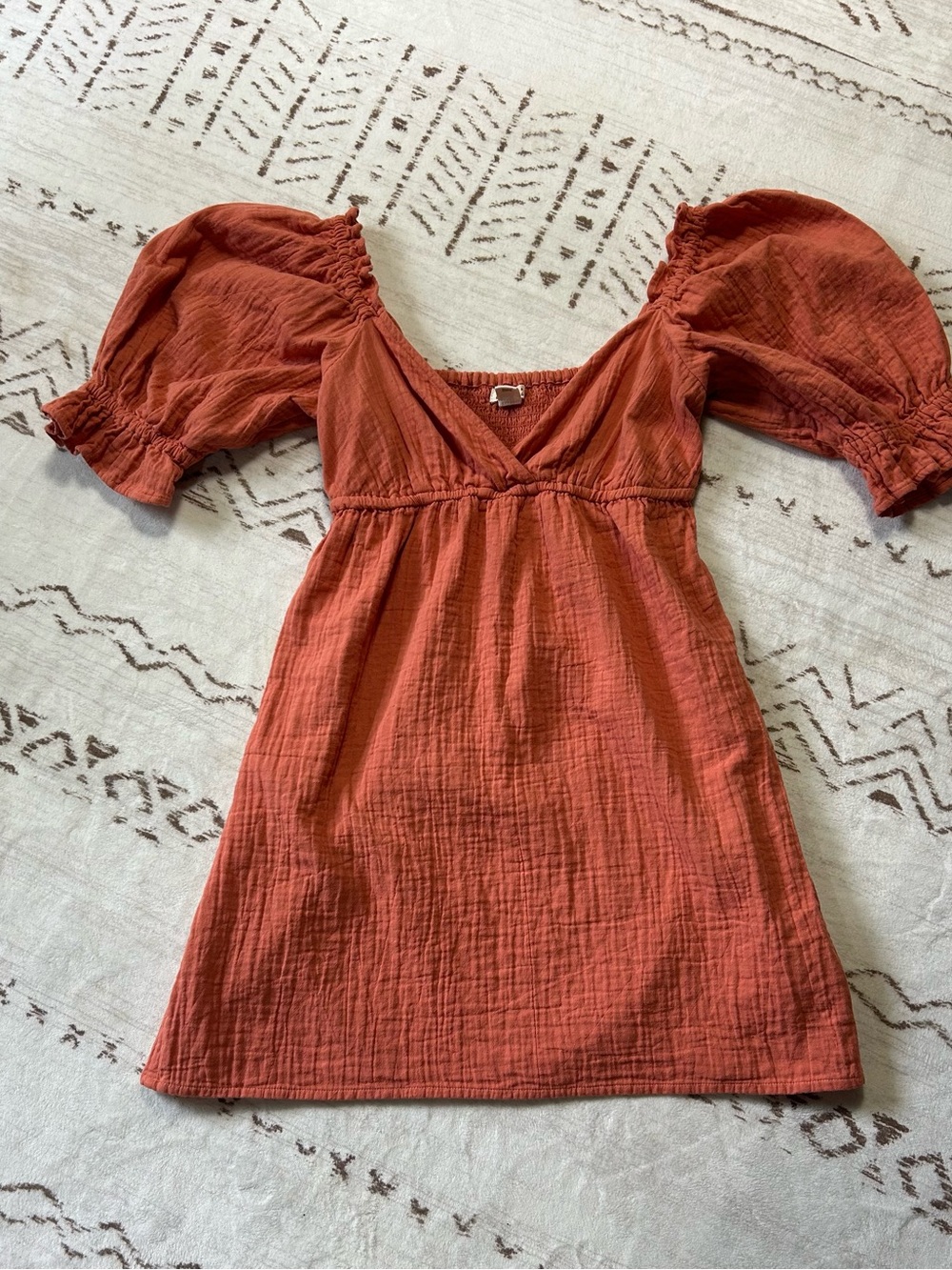 Billabong Rust Cotton Puff Sleeve Babydoll Mini Dress Small Boho Cottagecore - Picture 2 of 7